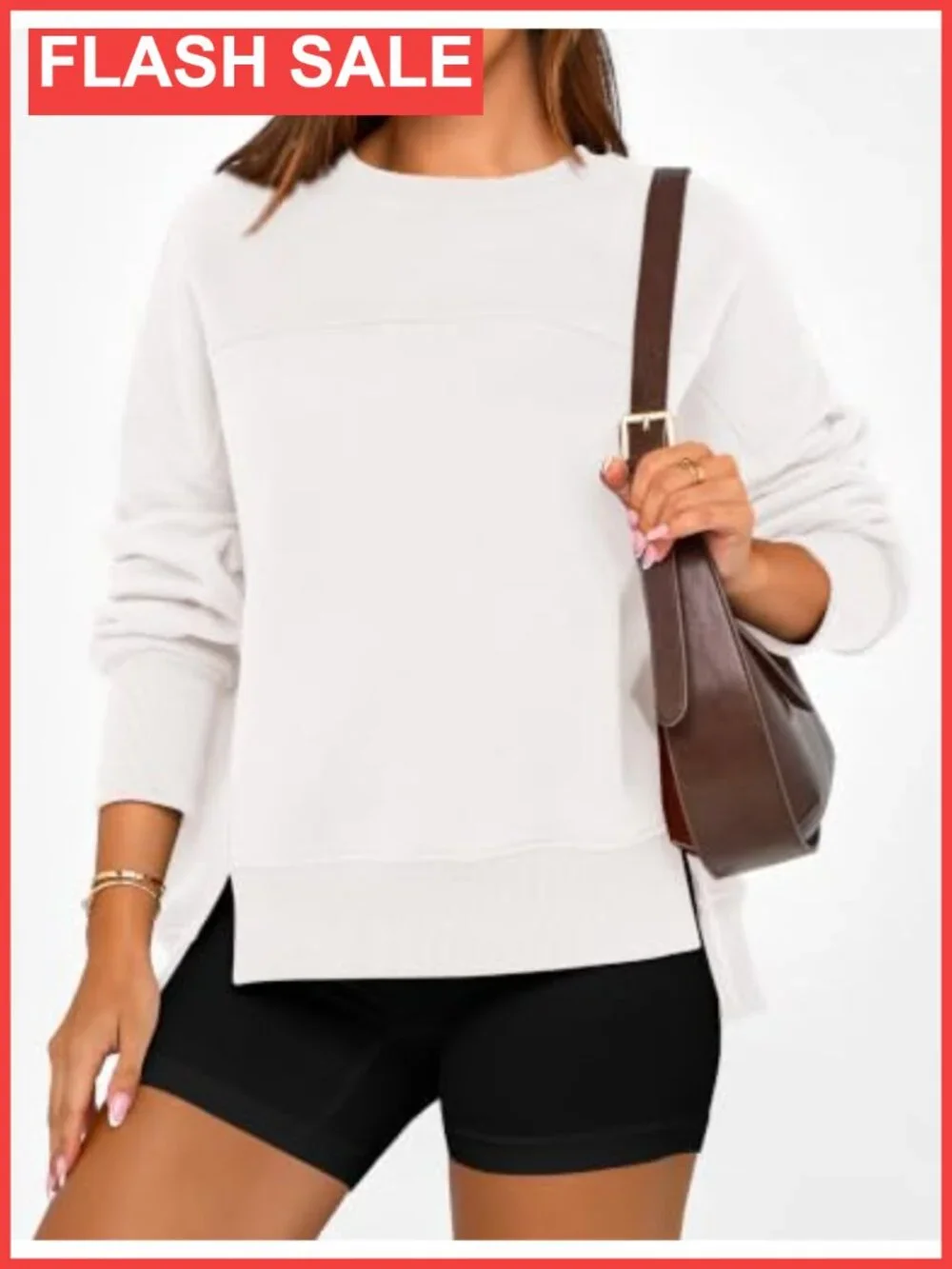 Women's Crewneck Fleece Sweatshirt Long Sleeve Pullover High Low Slit